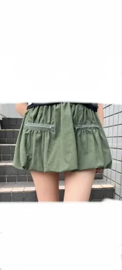 新品未使用カーキバルーンミニスカートパンツウエストゴムフリーサイズミリタリー