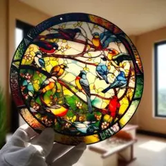 ステンドグラス風 サンキャッチャー 鳥デザイン 吊り飾り 約20cm