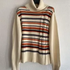 ストライプ タートルネックニット 長袖　毛100%
