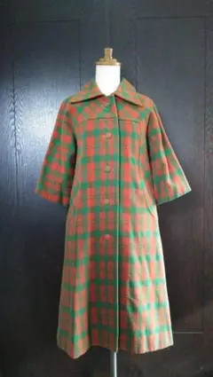 オンリーワン昭和レトロ1点物フレア袖チェック柄コートヴィンテージ当時物マフラー付