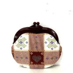 レッド× ベージュ系チェック/ハートと小花柄のがま口(プラ小/クリアブラウン)