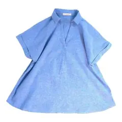 美品 ショコラフィネローブ　 麻綿 ストレッチフレンチスリーブシャツ 伸縮性 青のサムネイル
