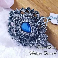 新品 美品 ロイヤルブルーラインストーン ヴィンテージ ブローチ 昭和 レトロ