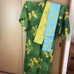 Kansai 緑色 蝶柄 浴衣•帯セット