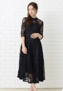Lace Ladiesドレス　ウエストリボン付きレース袖総レース　ワンピース