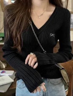 SHEIN ネイビー Vネック リブニット　セーター