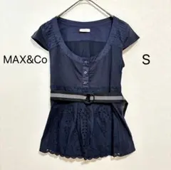 MAX&Co 半袖チュニックS ネイビー 紺 ベルト付き 花柄刺繍 ボタンのサムネイル