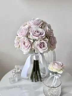 【新品未使用】アーティフィシャル ラウンドブーケ ピンクローズ ブートニア付き