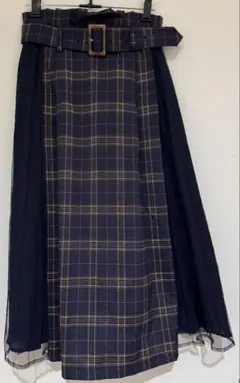 INGNI イング サイドチュール プリーツ チェック ミディ スカート 紺 M