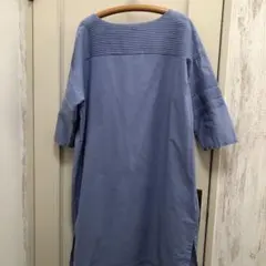 mizuiroind ストライプ切り替え青色七分袖ワンピース