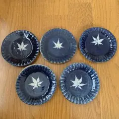 陶器　小皿　紅葉柄　5枚セット　未使用　濃紺　和モダン　丸皿　菓子皿　もみじ