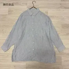 【無印良品】長袖シャツ　オーバーシャツ　チュニック　ストライプ　リネン100%