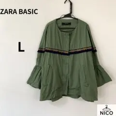 【ZARA BASIC】民族風刺繍 ベルスリーブ ジャケット カーキ Lのサムネイル