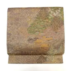 袋帯 正絹 松 楓 景色 雪 建物 吉祥文様 六通柄 えんじ あずき 金糸 銀糸