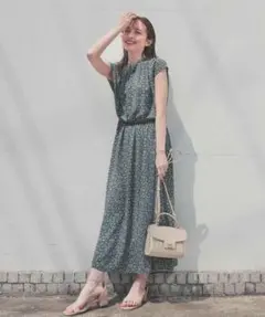 Honeys 花柄マオカラーワンピース グリーン