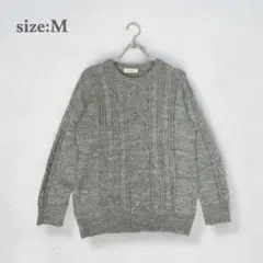 長袖ニット　ケーブルネックセーター　丸首　グレー　あったか　ウール混　サイズM