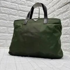 【良品】PRADA プラダ トートバッグ ナイロン カーキ 三角ロゴプレート