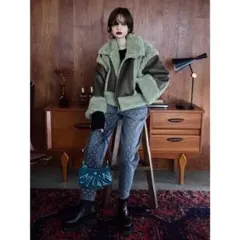 EVRISショートフェイクムートンブルゾン　カーキ