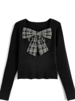 GRLチェック柄リボンドッキングリブニットトップス［gn548］