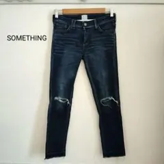 SOMETHING サムシング 綿 ダメージ加工 ダークブルー スキニーデニム