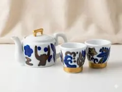 深川製磁 茶器セット 急須＆湯呑み2客 瑠璃・金彩 モダン柄