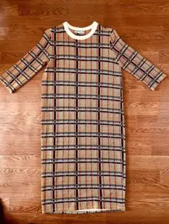 イエローチェック柄　七部袖　膝下ワンピース　伸縮性