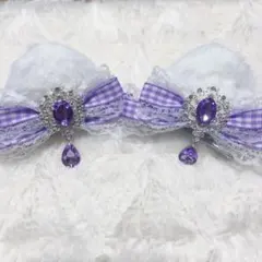 ♡ 猫耳 ヘアクリップ 髪飾り ギンガムチェック 紫 ♡