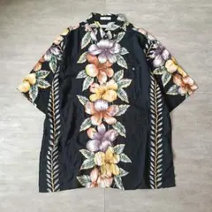 Pierre Cardin アロハシャツ 黒 ドレープ 花柄ボタニカル XLのサムネイル