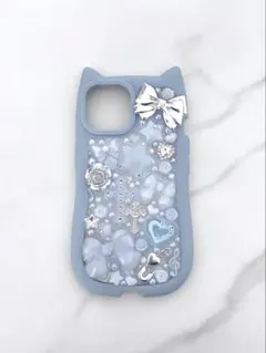 iPhone15 デコケース デコ電 水色 スマホケース