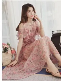 花柄 マキシワンピース 小花柄 シフォン ラウンドネック オフショルダー