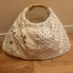 カエルと水玉柄　巾着型ハンドバッグ　バンブー