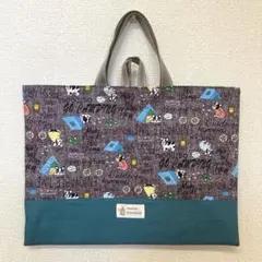 ハンドメイド レッスンバッグ 生成り グレーストライプデニム調地