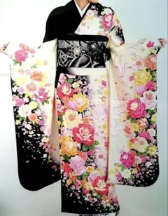 振袖 フルセット グラデーション 成人式 ラメ 薔薇 黒 白