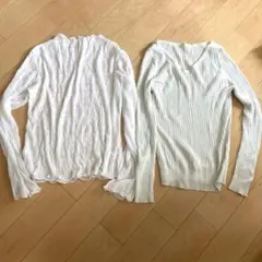 GU長袖カットソー白アイボリーリブシアーハイネックフリルS