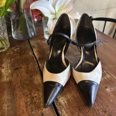 pinkie &daianne オフホワイト&ブラック レザー パンプス ヒール