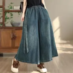 カジュアル 無地 ゆったり ビッグサイズ スリム デニム ワイドパンツ 九分丈