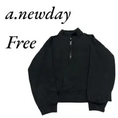 a.newday ハーフジップ ブラック レディース トレーナー スウェット 黒