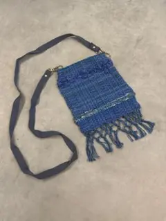手織り青系ポシェット フリンジ付き