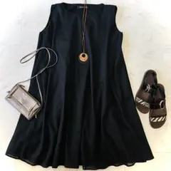 人気 ミズイロインド ダブルヘムフレアワンピース ブラック 綿100％ 日本製