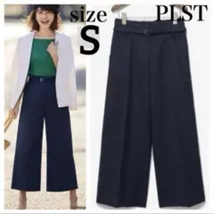 PLST リネンブレンドストレッチハイウエストワイドクロップドパンツ　ネイビー