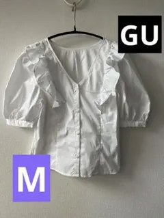 美品★GU★2WAYラッフルパフスリーブブラウス(5分袖)フリル袖 Vネックのサムネイル