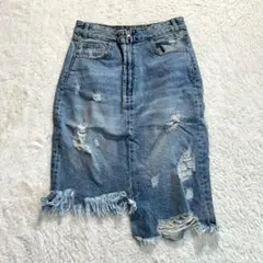 ☆【ザラ】S 青 デニムスカート アシンメトリー ダメージ加工 春夏 カジュアル