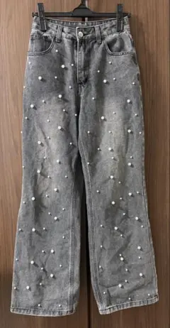 パール装飾ハイウエストデニムパンツ ブラック Mサイズ