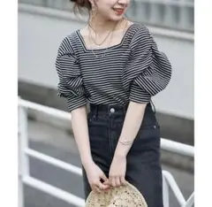 ストライプ スクエアネック ニット トップス