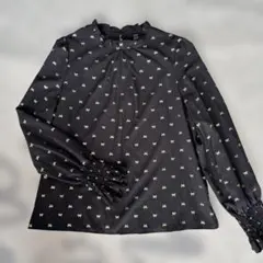 試着のみ SHEIN リボン柄フリルブラウス黒XL