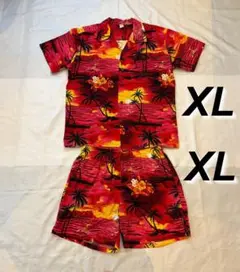 アロハシャツ セットアップ XL ハワイ ホノルル 赤 レッド サンセット 海