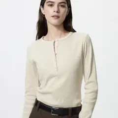 【ユニクロ】リブヘンリーネックT NATURAL サイズM