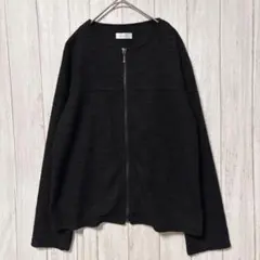 ジュネママン　ツイード風ジップアップカーディガン　ノーカラー　ブラック　羽織