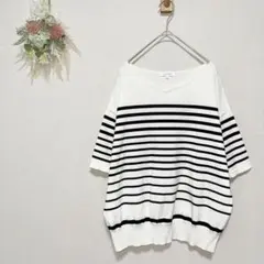 グローバルワーク 【M】 ボーダーサマーニット ゆったり Vネック 白黒