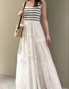 ニットコンビタックティアードワンピース　FRAY I.D ボーダー　ホワイト　白